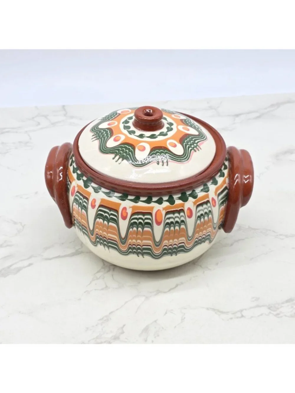 Bulgarian Gyuvetch Red Clay Pot Casserole Bulgar Handpainted Folk Art Cooker NEW